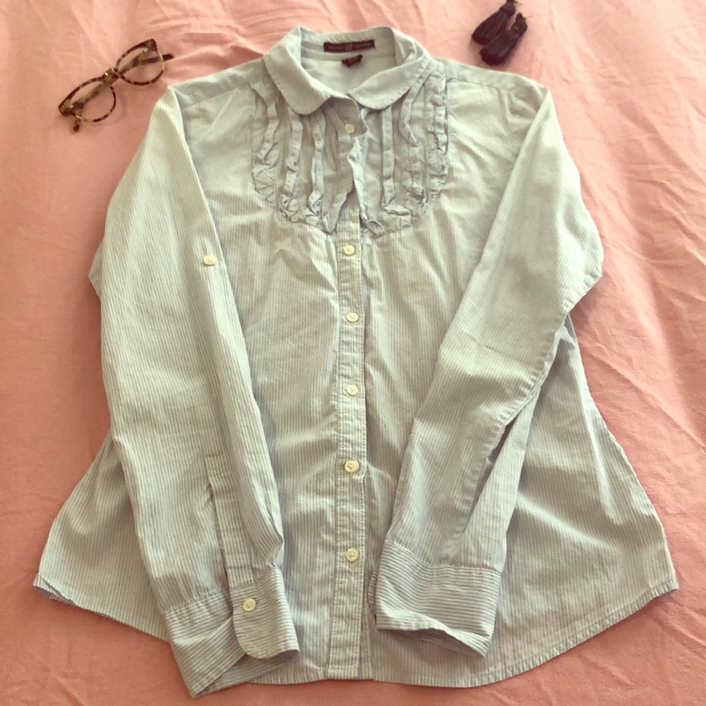 Blue Striped Ruffle Button Down